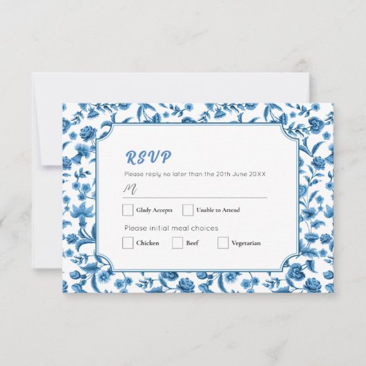 RSVP bruiloft Chintz Blauw & Wit Bloemen Ditsy Kaart (Voorkant)
