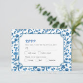 RSVP bruiloft Chintz Blauw & Wit Bloemen Ditsy Kaart (Staand voorkant)