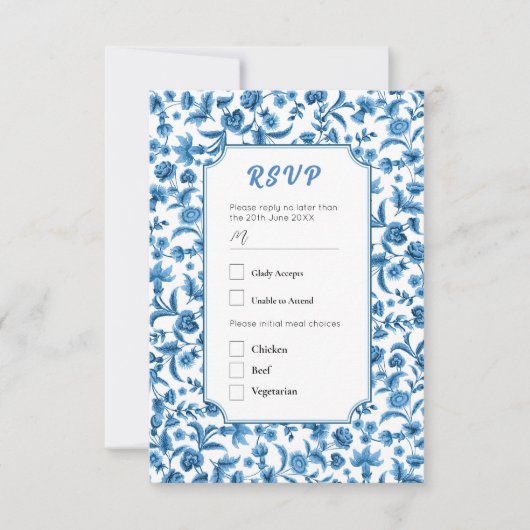 RSVP bruiloft Chintz Blauw & Wit Bloemen Ditsy Kaart (Voorkant)