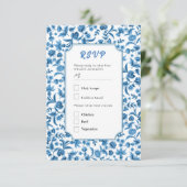 RSVP bruiloft Chintz Blauw & Wit Bloemen Ditsy Kaart (Staand voorkant)