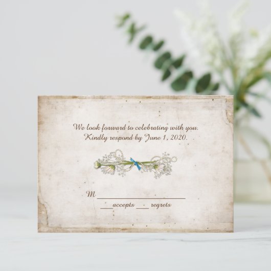 RSVP bruiloft- daisy bouquet met parels Kaart (Staand voorkant)