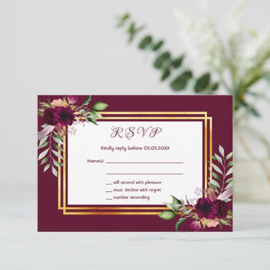 RSVP bruiloft florals bordeaux boho (Staand voorkant)