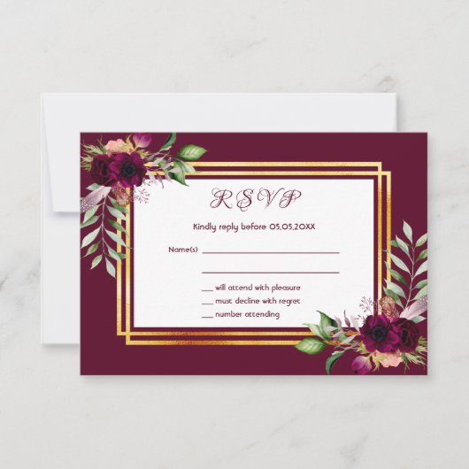 RSVP bruiloft florals bordeaux boho Kaartje (Voorkant)