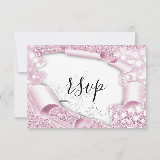 RSVP Bruiloft Glitter Bruids Wit Roze Bloemen (Achterkant)
