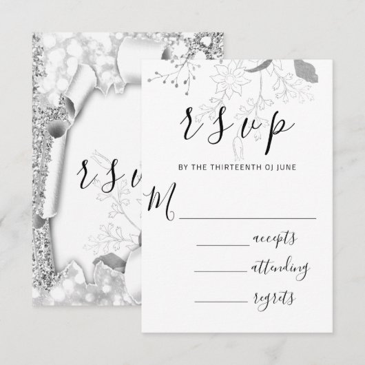 RSVP Bruiloft Glitter Lijst Floral Silver Grey (Voorkant / Achterkant)