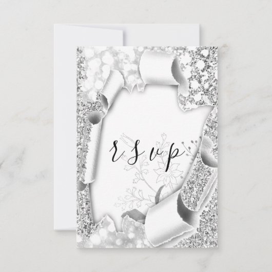 RSVP Bruiloft Glitter Lijst Floral Silver Grey Kaartje (Achterkant)