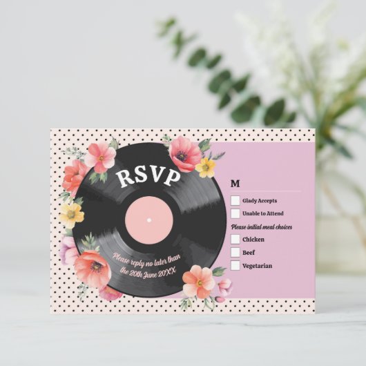 RSVP Bruiloft Muziek Record Bruiloft Bloemen jaren Kaart (Staand voorkant)
