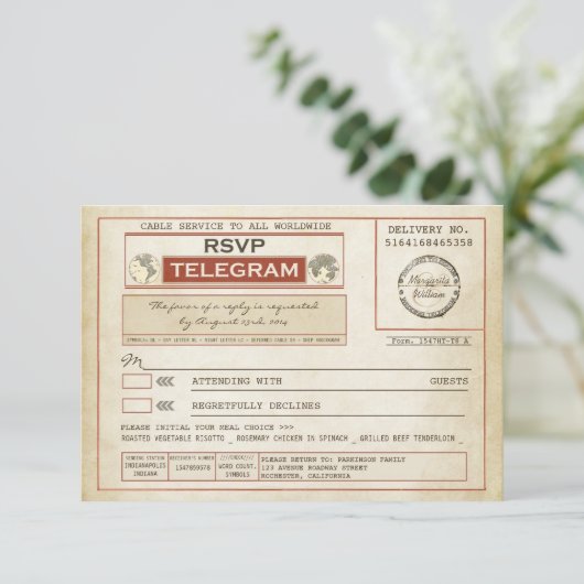  RSVP BRUILOFT telegrammen met maaltijdkeuze (Staand voorkant)