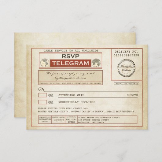 RSVP BRUILOFT telegrammen met maaltijdkeuze (Voorkant / Achterkant)