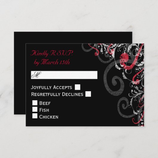 RSVP-bruiloft voor zwarte, witte en rode werveling RSVP Kaartje (Voorkant / Achterkant)