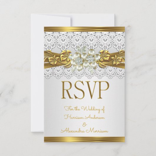 RSVP Bruiloft Witte Parel Gouden Kant Bloemen Kaart (Voorkant)
