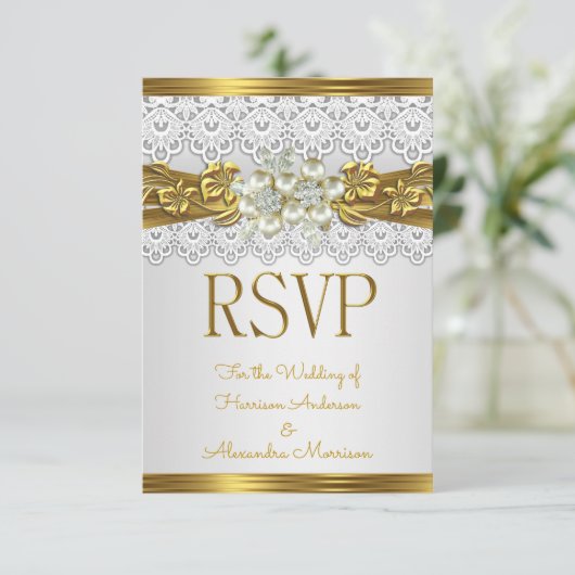 RSVP Bruiloft Witte Parel Gouden Kant Bloemen Kaart (Staand voorkant)