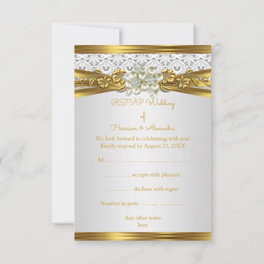 RSVP Bruiloft Witte Parel Gouden Kant Bloemen Kaart (Achterkant)