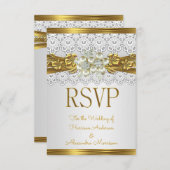 RSVP Bruiloft Witte Parel Gouden Kant Bloemen Kaart (Voorkant / Achterkant)