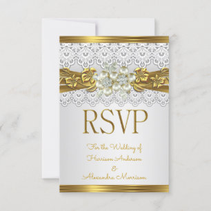 RSVP Bruiloft Witte Parel Gouden Kant Bloemen Kaart