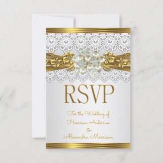RSVP Bruiloft Witte Parel Gouden Kant Bloemen Kaart