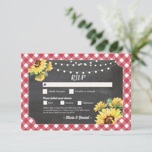 RSVP Bruiloft Zonnebloem Rood Wit Verloving Kaart (Staand voorkant)
