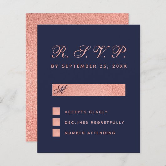 RSVP Budget Navy Blue Roos Gold Wedding Kaart (Voorkant / Achterkant)