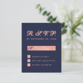 RSVP Budget Navy Blue Roos Gold Wedding Kaart (Staand voorkant)