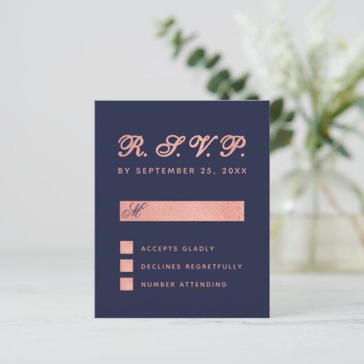 RSVP Budget Navy Blue Roos Gold Wedding Kaart (Staand voorkant)