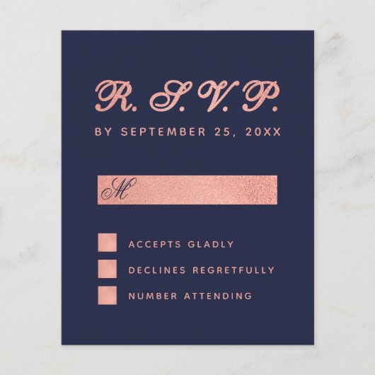 RSVP Budget Navy Blue Roos Gold Wedding Kaart (Voorkant)