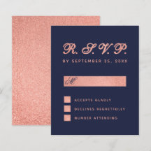 RSVP Budget Navy Blue Roos Gold Wedding Kaart