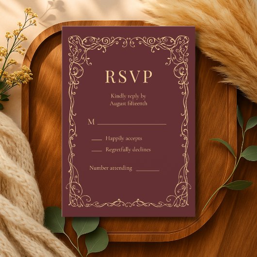 RSVP Burgundy Gold Minimalist Wedding Kaartje