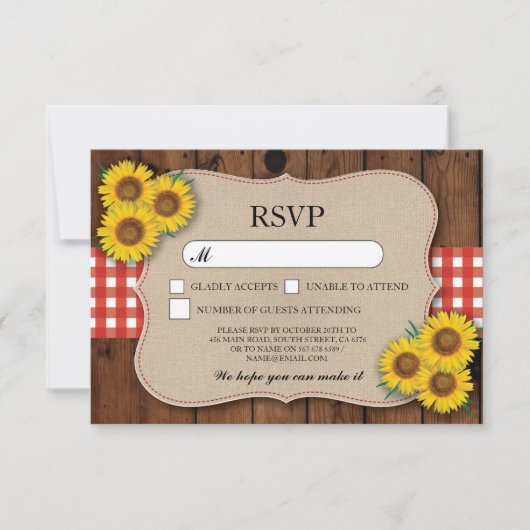 RSVP Burlap Wedding Wood Rustic Red Check Cards (Voorkant)