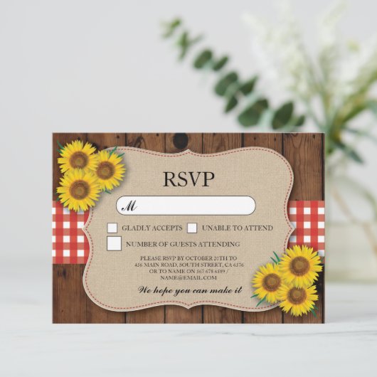 RSVP Burlap Wedding Wood Rustic Red Check Cards (Staand voorkant)