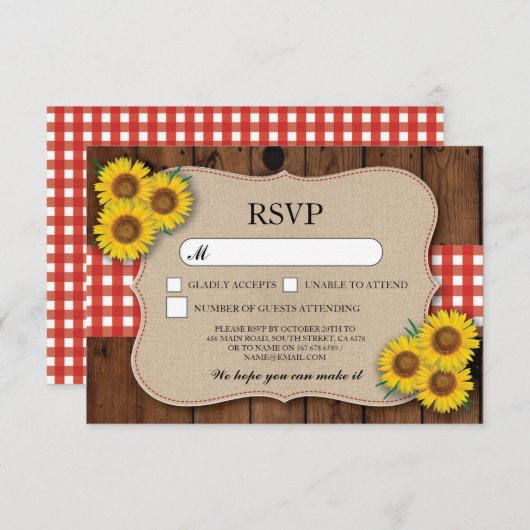 RSVP Burlap Wedding Wood Rustic Red Check Cards (Voorkant / Achterkant)