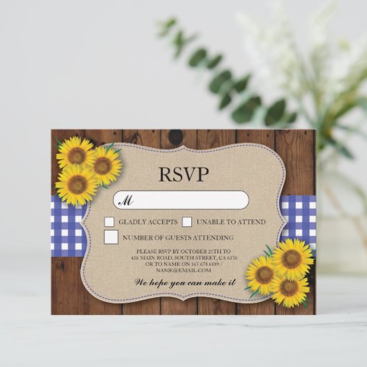 RSVP Burlap Wedding Wood Rustige Blue Check Cards (Staand voorkant)