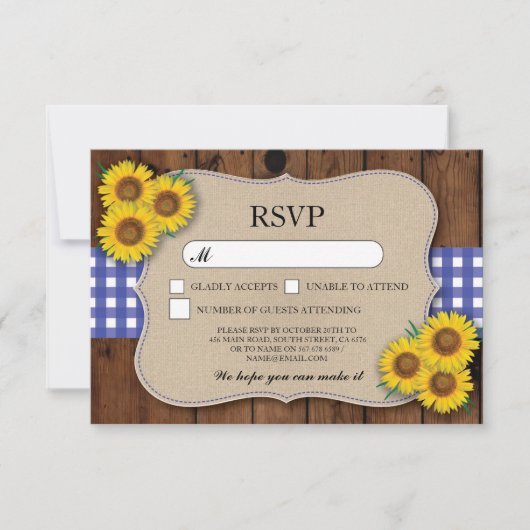 RSVP Burlap Wedding Wood Rustige Blue Check Cards Kaartje (Voorkant)