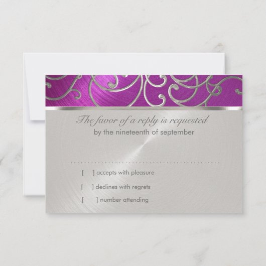 RSVP Card Elegant Raspberry Pink Silver Filigree (Achterkant)
