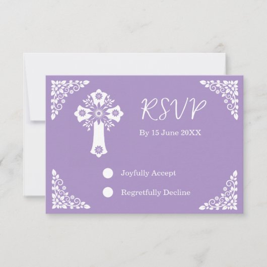 RSVP Card Floral Cross Christening Lilac (Voorkant)