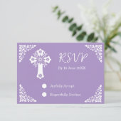 RSVP Card Floral Cross Christening Lilac (Staand voorkant)