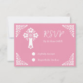 RSVP Card Floral Cross Christening Rose Pink (Voorkant)