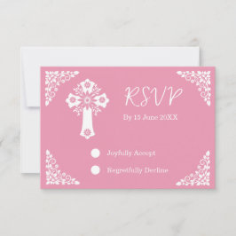 RSVP Card Floral Cross Christening Rose Pink