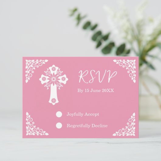 RSVP Card Floral Cross Christening Rose Pink (Staand voorkant)
