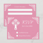 RSVP Card Floral Cross Christening Rose Pink (Voorkant / Achterkant)