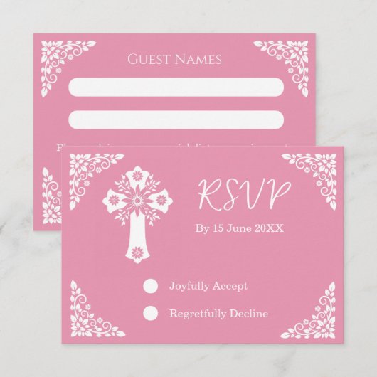 RSVP Card Floral Cross Christening Rose Pink (Voorkant / Achterkant)