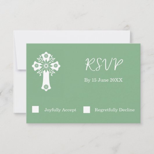 RSVP Card Floral Cross Christening Sage Green (Voorkant)