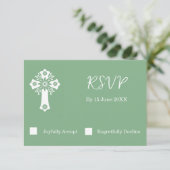 RSVP Card Floral Cross Christening Sage Green (Staand voorkant)