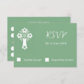 RSVP Card Floral Cross Christening Sage Green (Voorkant / Achterkant)