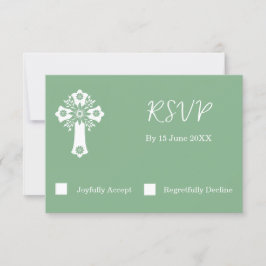 RSVP Card Floral Cross Christening Sage Green