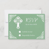 RSVP Card Floral Cross Christening Sage Green (Voorkant)