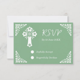RSVP Card Floral Cross Christening Sage Green