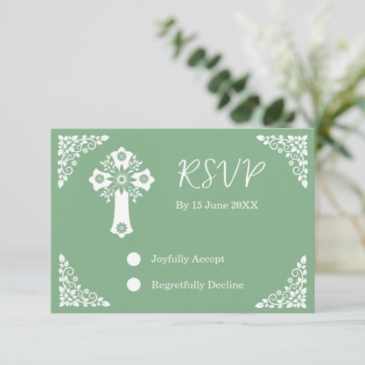 RSVP Card Floral Cross Christening Sage Green (Staand voorkant)