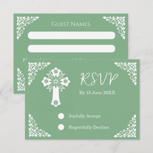 RSVP Card Floral Cross Christening Sage Green (Voorkant / Achterkant)