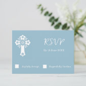 RSVP Card Floral Cross Christening Sky Blue (Staand voorkant)