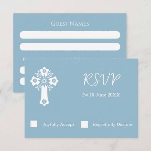 RSVP Card Floral Cross Christening Sky Blue (Voorkant / Achterkant)